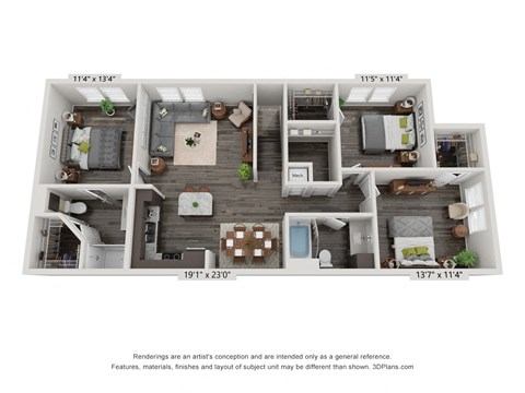 Floor plan for 3 beds, 2 baths, 1255 sqft